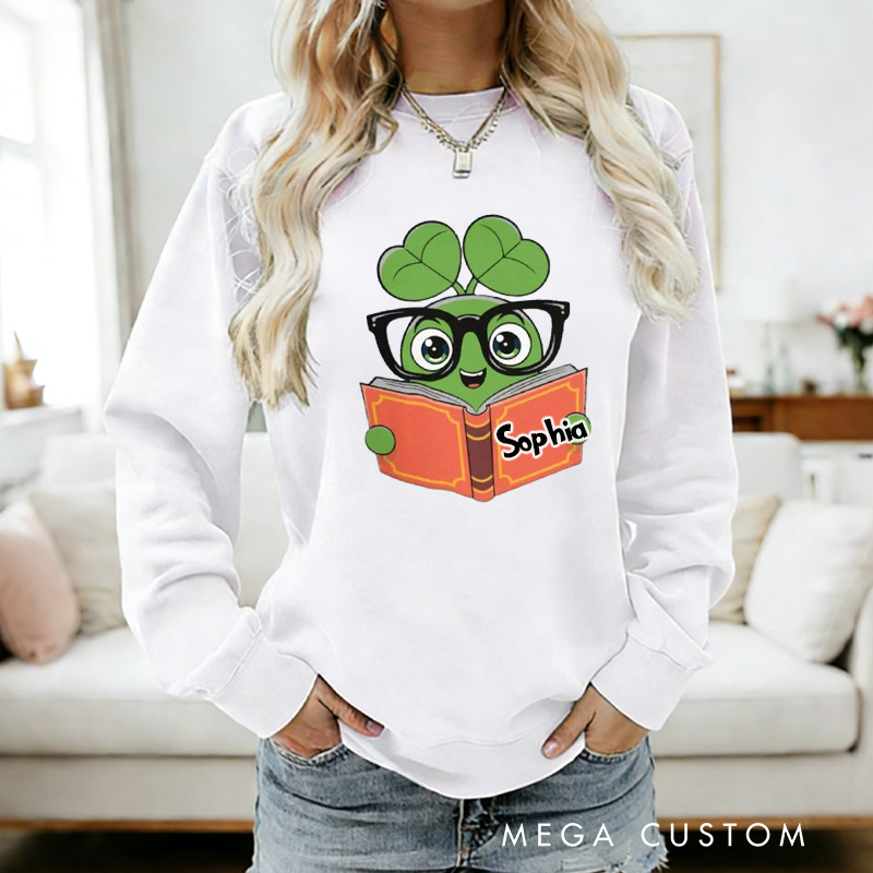 Personalized Cute Clover Book Sweatshirt St Patrick's Day Book Sweatshirt for Reading Lovers