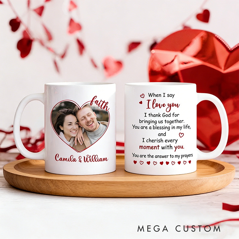 Personalized Faith Heart Line Photo 11oz 15oz Ceramic Coffee Mug with Custom Names Religious Christian Gift Valentine's Day Gift for Couples