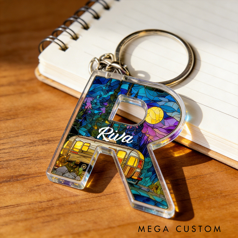Personalized Initial Keychain with Camper Custom Outdoors Camping Lover Keychain Couple Adventure Gift