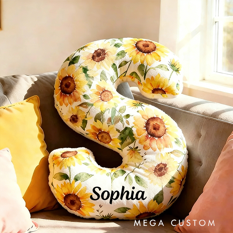 Personalized Letter Pillow Graphic 3D Print Watercolor Sunflower Floral Custom Name Pillow Gift for Kids Gardening Lovers Gift 