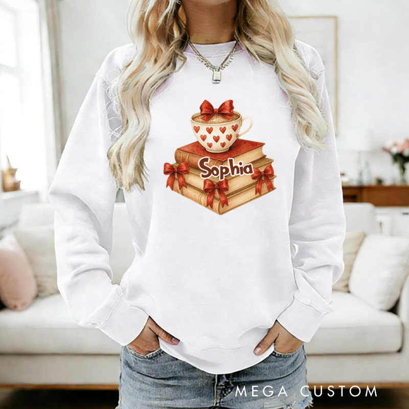 Personalized Book coffee valentine day  Sweatshirt bow book lover gift for Reading Lovers