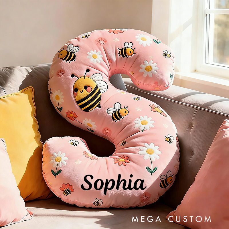 Personalized Letter Pillow with Name Graphic 3D Print Bee Floral Design Custom Double Sided Pillow Gift for Kids Gardening Lovers Gift
