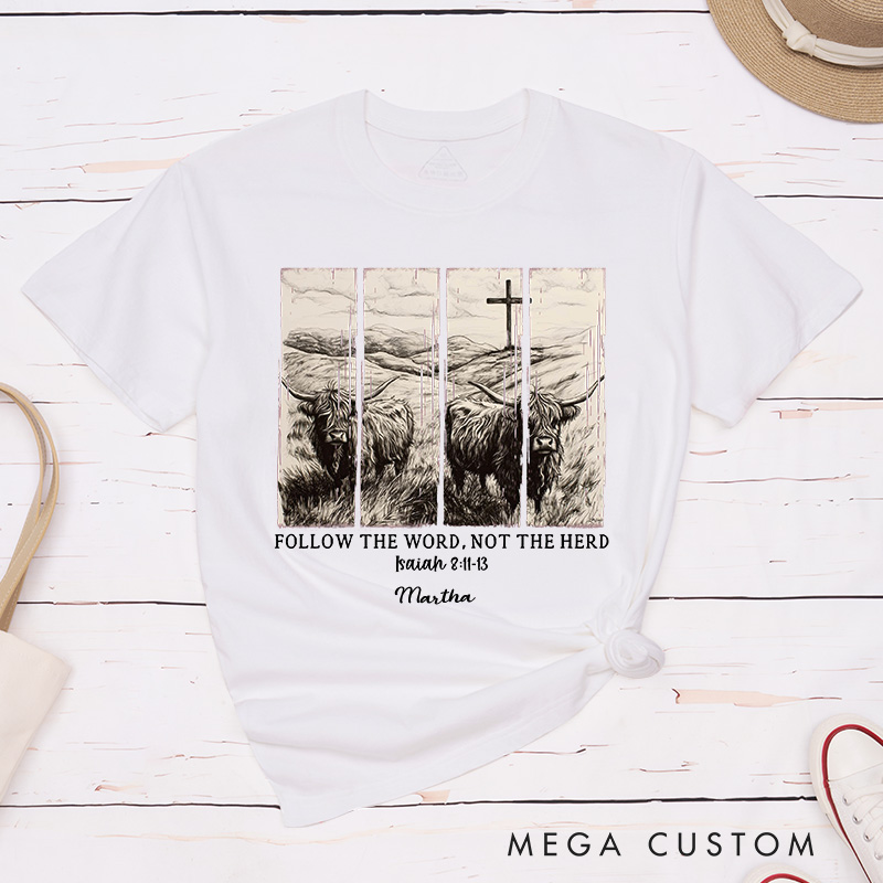 Personalized Follow the Word not the Herd Classic T-Shirt with Name Christian Bible Verse Shirt Religious Gift Faith Gift for Christians