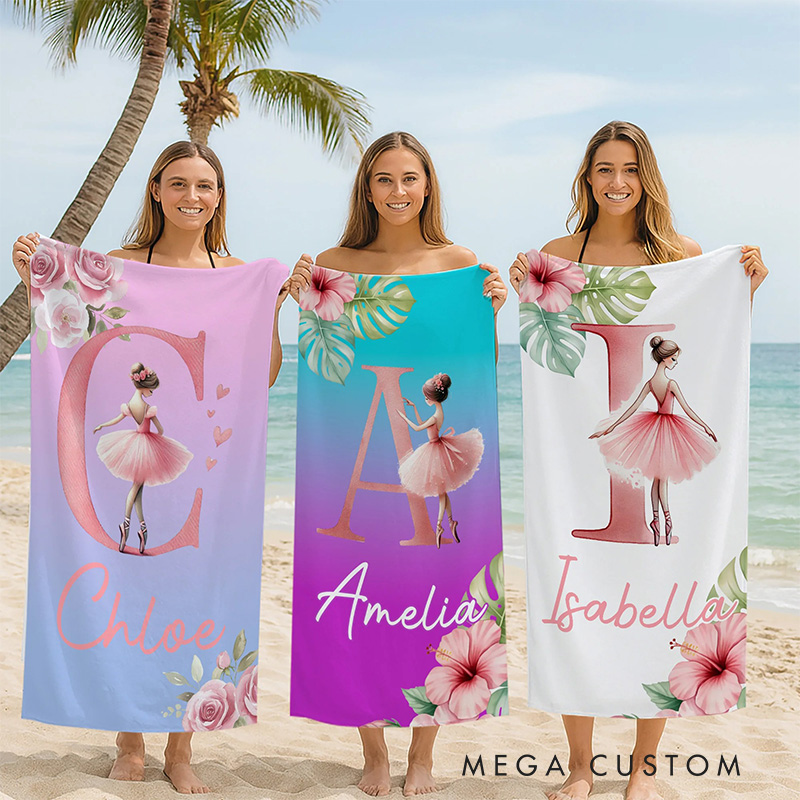 Personalized Rose Cartoon Ballerina Girl Beach Towel Ballet Lover Beach Towel with Name for Dance Lovers Dance Team Birthday Gift for Girls
