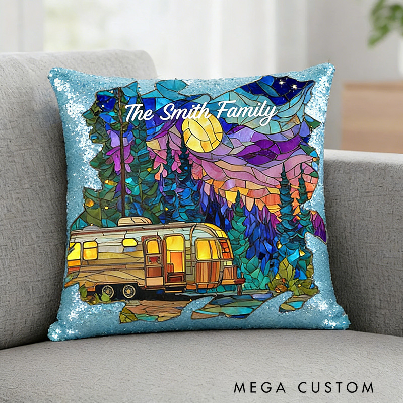 Personalized Family Camper Sequin Pillow Custom Sequin Pillow Case Magic Reversible Throw Custom Sequin Pillow Case Magic Reversible Throw