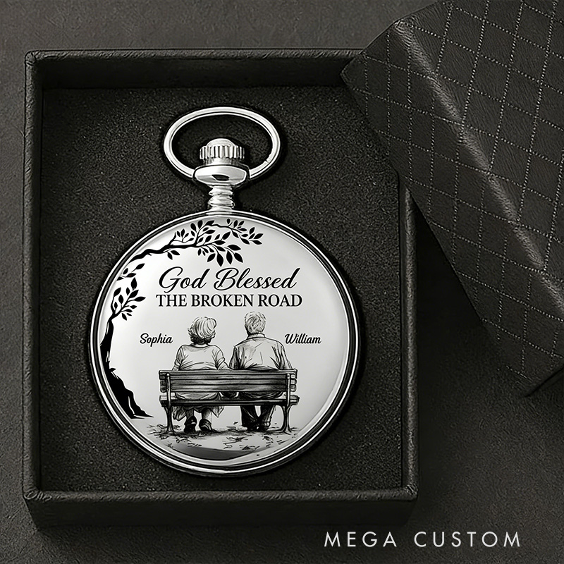 Personalized God Blessed the Broken Road that Led Me Straight to You Pocket Watch with Custom Names Religious Gift for Couple Valentine's Day Gift
