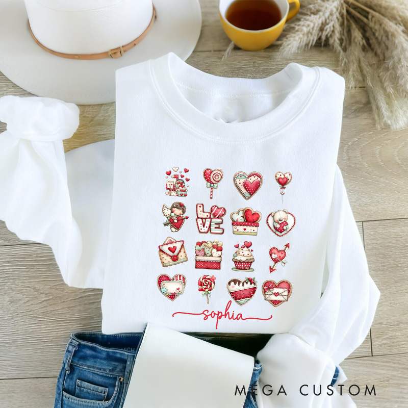Personalized Whimsical Cookie Valentine Sweatshirt with Name Cute Cookie Style Valentine Heart Sweatshirt Valentine Baking Shirt Cozy Valentine's Day Gift for Women Baking Lover Her