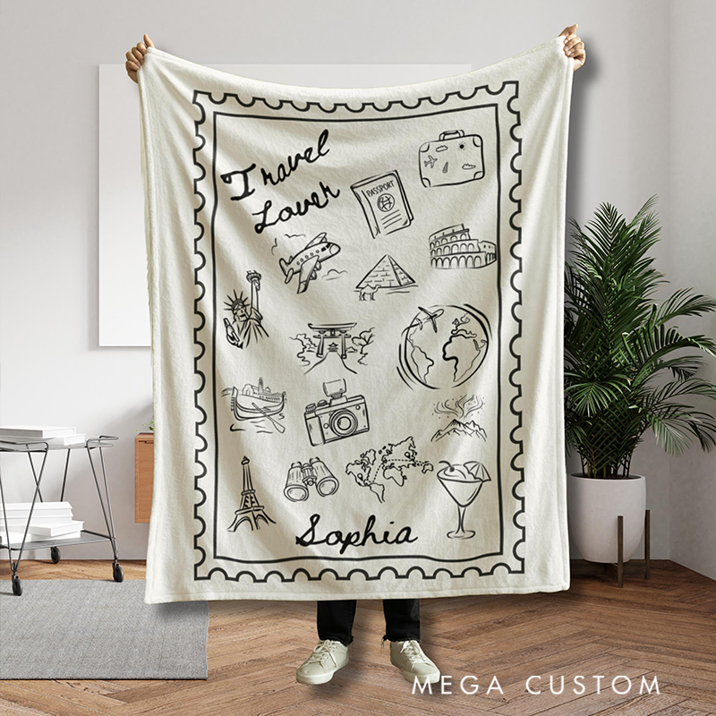 Personalized World Map Throw With Travel Stamps Blanket with Name Quick Dry Oversized Microfiber Travel Essentials Birthday Gift for Her