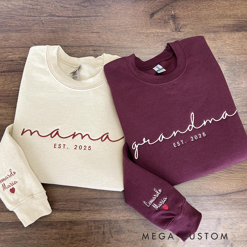 Personalized Embroidered Sweatshirt Name On Sleeve With Heart Mama Est Year Shirt Grandma Shirt With Date Gift for New Mom Mothers Day Gift