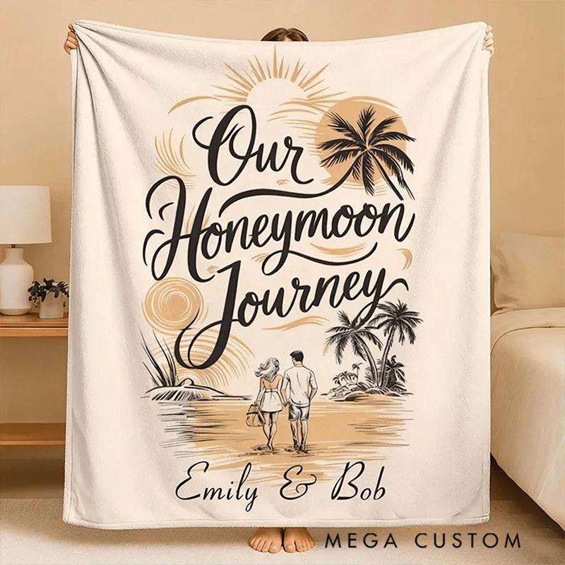 Personalized Our Honeymoon Journey Flannel Blanket Travel Essentials Valentine's Gift for Her Him