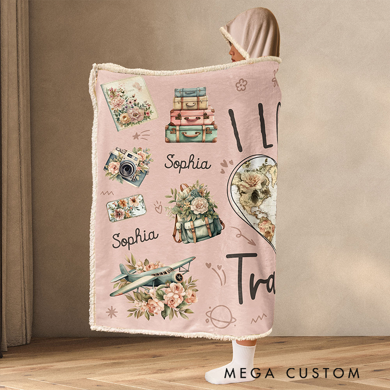 Personalized I Love Travel Blanket Hoodie Custom Wearable Blanket Hoodie with Name for Traveling Lovers