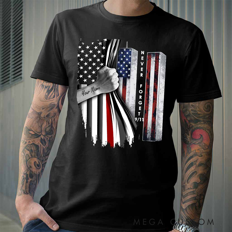 Personalized Firefighter Gifts Custom Name Never Forget 911 T Shirt American Flag Tee Memorial Shirt for Firemen Heroes