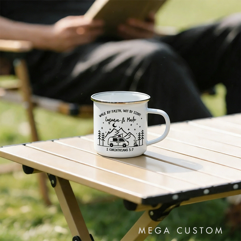 Personalized Walk by Faith Not by Sight Campfire Mountain Forest Design Enamel Mug with Custom Names Religious Gift for Couple Campfire Adventurers