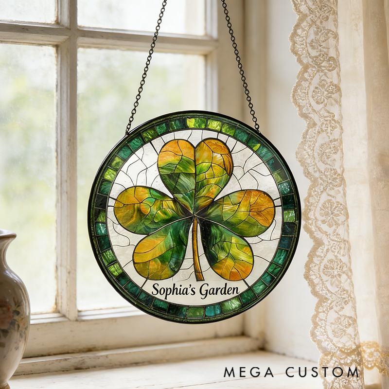 Personalized Irish Shamrock St. Patrick's Day Stained Glass Suncatcher Home Decor with Name for Gardening Lovers Mother's Day Gift