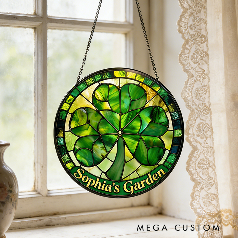 Personalized Shamrock St. Patrick's Day Stained Glass Suncatcher Home Decor with Name for Gardening Lovers Mother's Day Gift