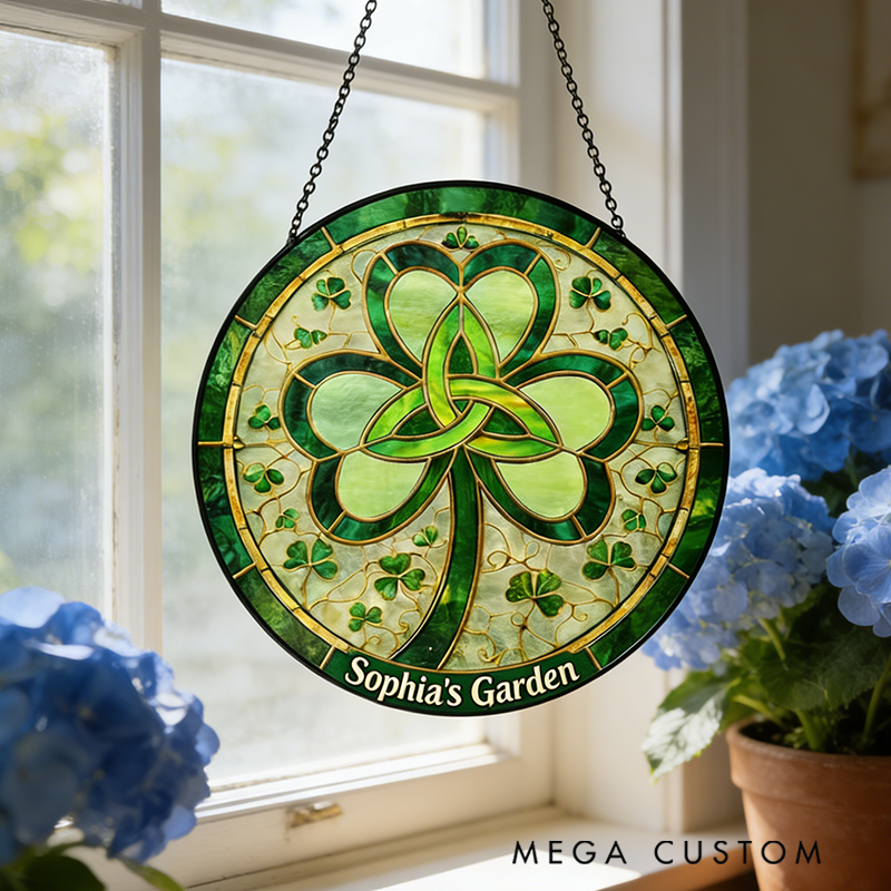 Personalized Shamrock St. Patrick's Day Stained Glass Suncatcher Home Decor with Name for Gardening Lovers St. Patrick’s Day Gift