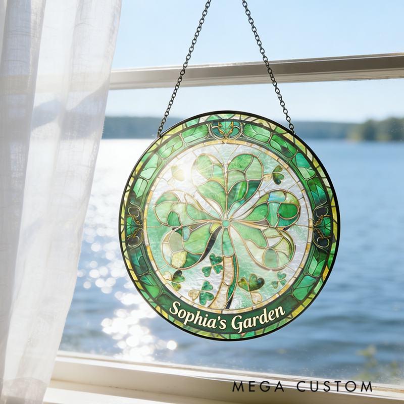 Personalized Shamrock Irish St. Patrick's Day Stained Glass Suncatcher Home Decor with Name for Gardening Lovers St. Patrick’s Day Gift