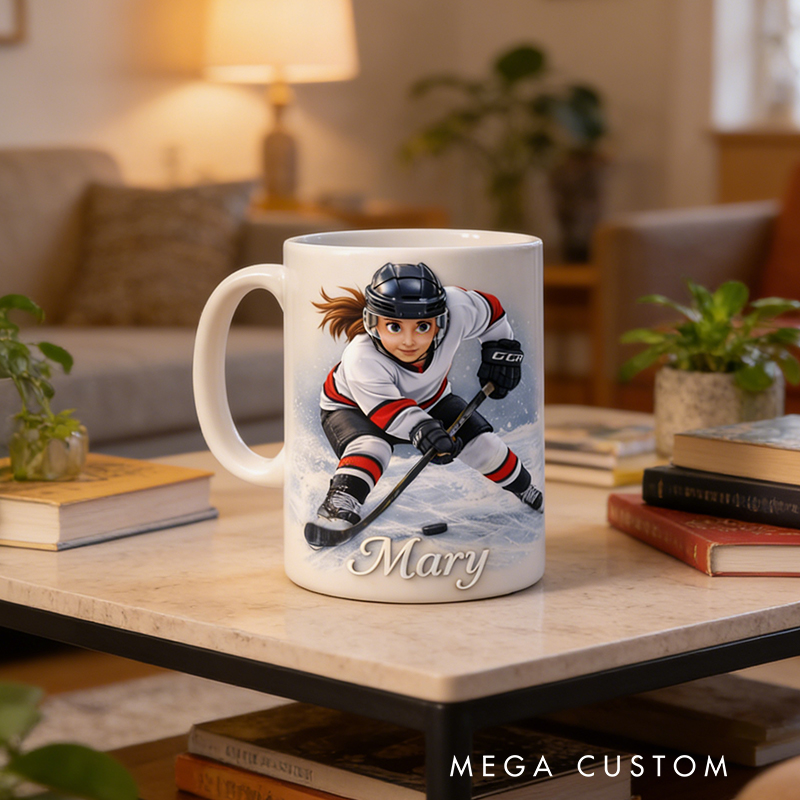 Personalized Ice Hockey Mug with Custom Player Illustration and Name for Ice Hockey Lovers