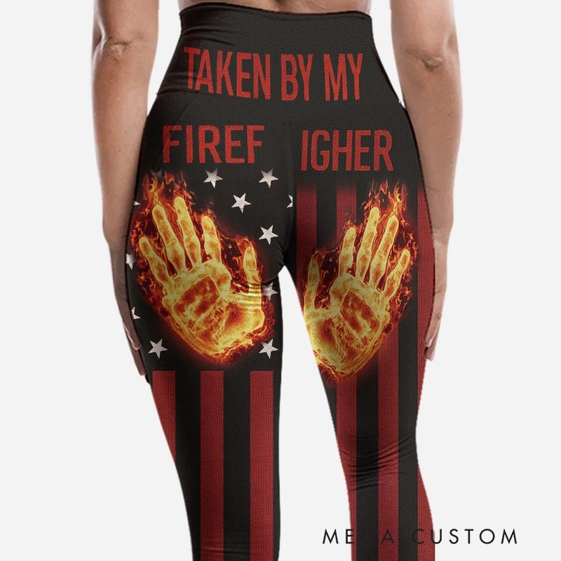 Personalized Firefighter Gifts Custom Name Taken By My Firefighter Leggings Flame Print Yoga Pants for Women Firefighter Wife Gift
