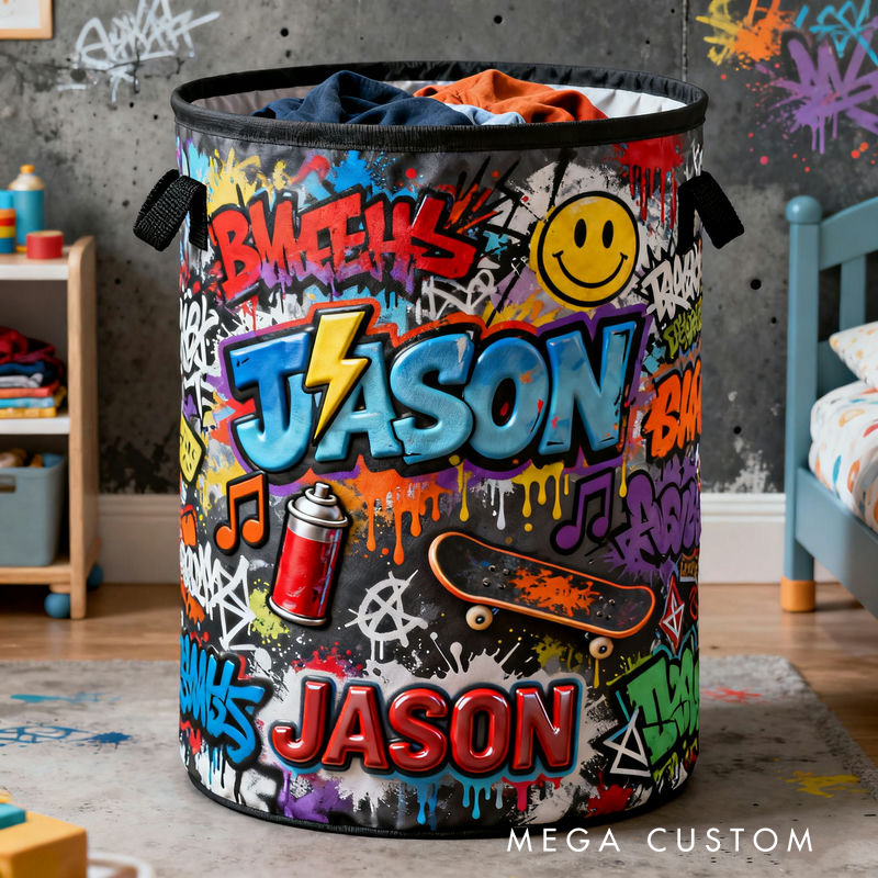 Personalized 2D Flat Street Graffiti Themed Storage Basket for Laundry Toys Organizer Laundry Hamper for Art Lovers