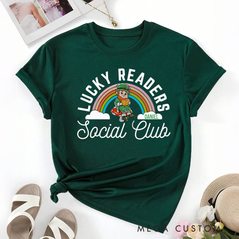Personalized Lucky Readers Social Club Classic T-Shirts Bookish Retro St Patricks Day Leprechaun Librarian Tee with Name for Book Lover Irish Friends Gift