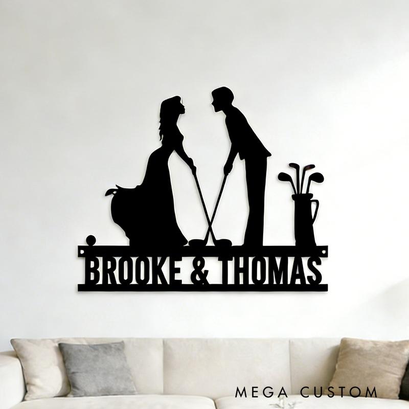 Personalized Couple's Golf Metal Wall Art with Custom Names for Romantic Decor