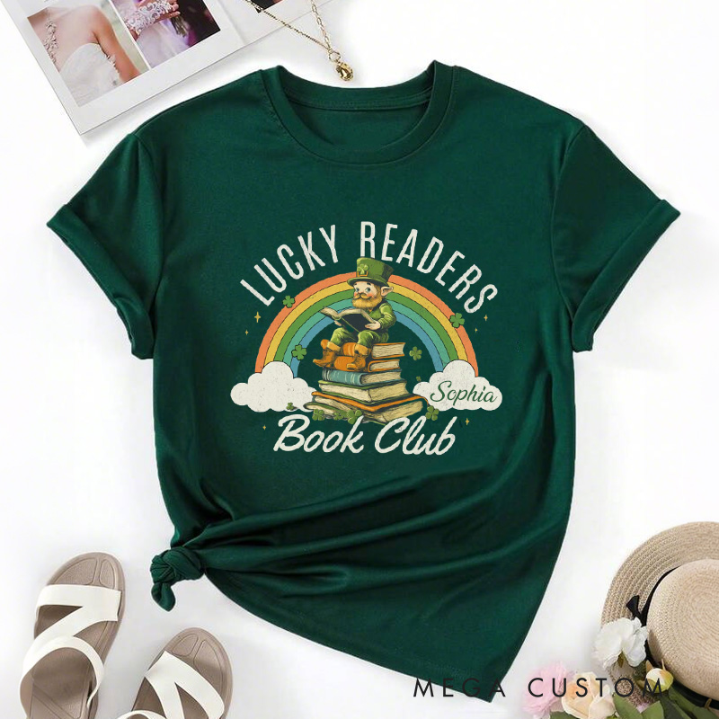 Personalized Lucky Readers Book Club Classic T-Shirts Rainbow Clover Heart Tee St Patricks Day Shirt with Name for Book Lover Librarian Irish Gift