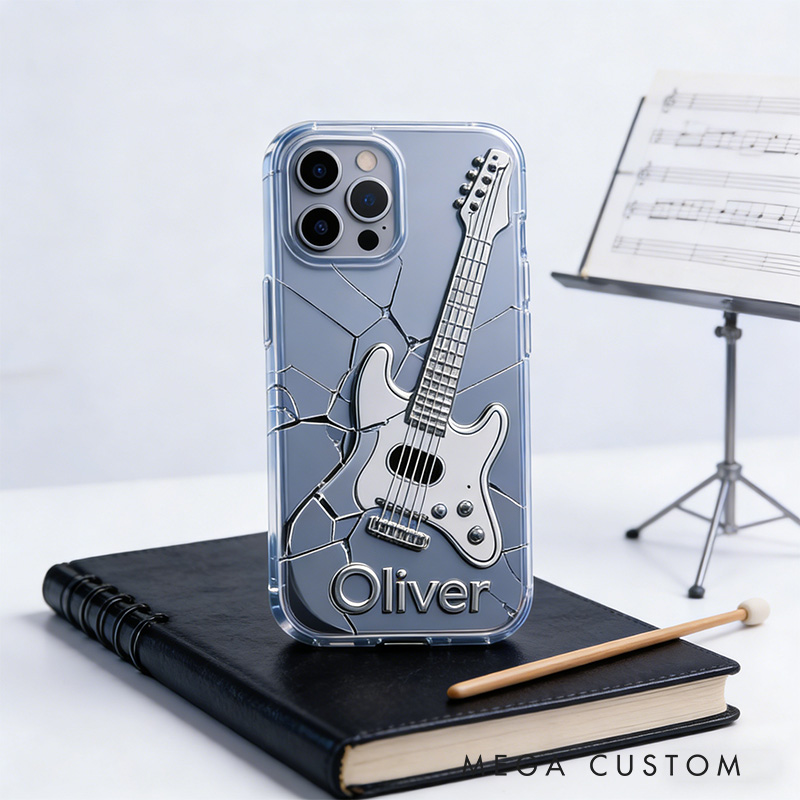 Personalized 2D Flat Cracked Guitar Silver Phone Case Music Lover iPhone Case Music Gift