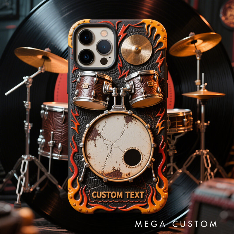 Personalized 2D Flat Drum Set Flame Theme Phone Case Music Lover iPhone Case Music Gift