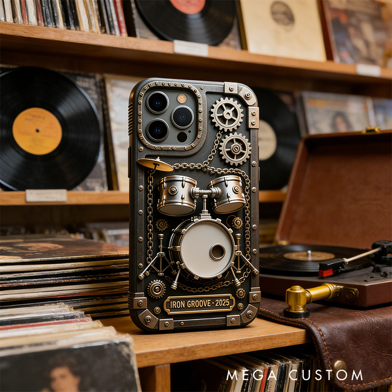 Personalized 2D Flat Drum Set Industrial Theme Phone Case Music Lover iPhone Case Music Gift