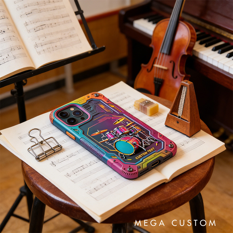 Personalized 2D Flat Drum Set Cyberpunk Theme Phone Case Music Lover iPhone Case Music Gift