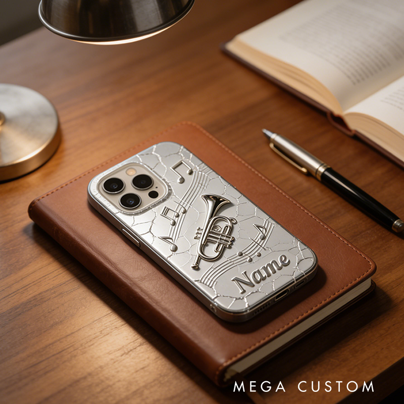 Personalized 2D Flat Cracked Silver Trumpet Instrument Phone Case Music Lover iPhone Case Music Gift