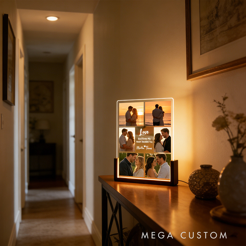 Personalized God Knew My Heart Needed You 6 Photos Acrylic LED Night Light with Custom Name Text and Wooden Base Valentine's Day Gift for Couple