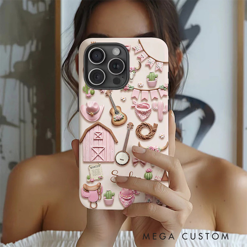 Personalized 2D Flat Pink Cowgirl Country Music Phone Case Music Lover iPhone Case Music Gift