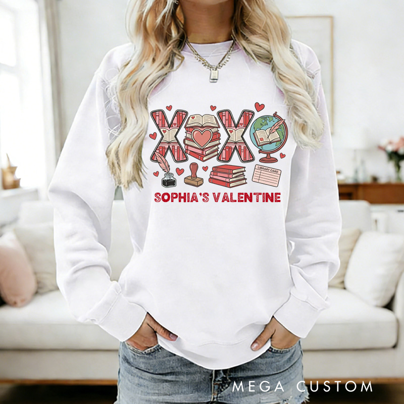 Personalized XOXO Sweatshirt Floral Book shirt with Name Valentines Day Gift for Book Lover Reader Girlfriend Wife Women