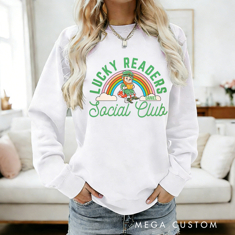 Personalized Lucky Readers Social Club Sweatshirt Rainbow Gnome Reading Sweatshirt with Name St. Patrick Day Gift for Librarian Book Lover Irish Friends