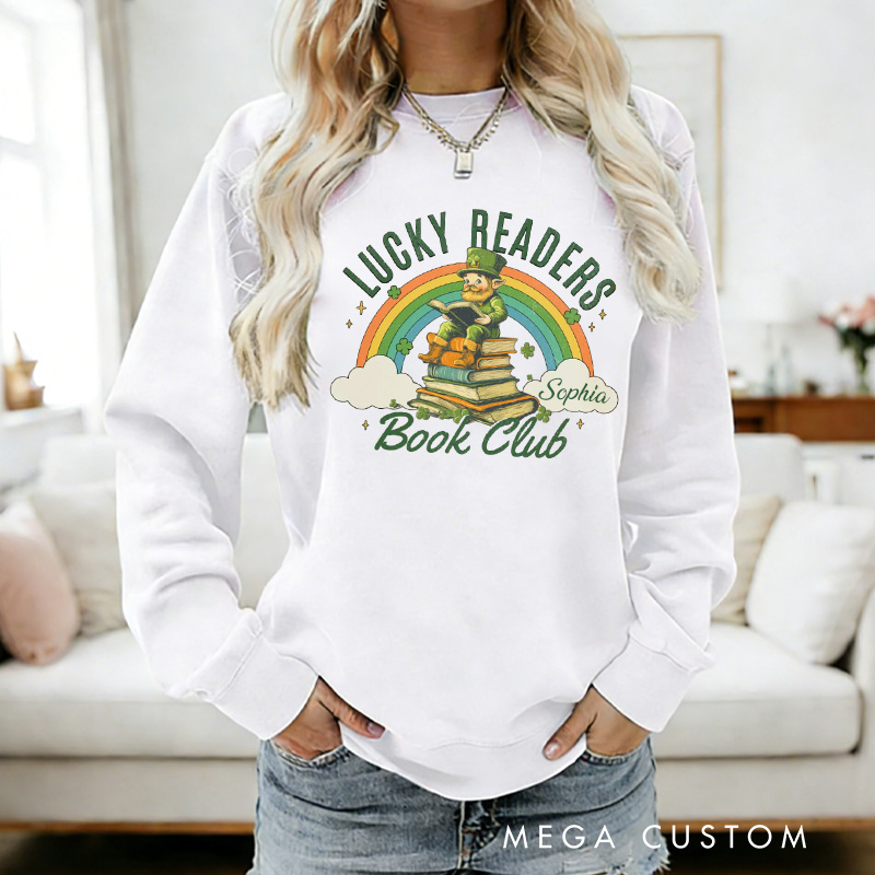 Personalized Lucky Readers Book Club Sweatshirt Rainbow Gnome Reading Sweatshirt with Name St. Patrick Day Gift for Librarian Book Lover Irish Friends