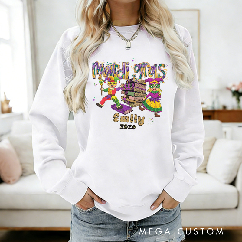 Personalized Mardi Gras Sweatshirt Jesters and Books Carnival Reading Sweatshirt with Name Gift for Book Lover Bookworm Reader