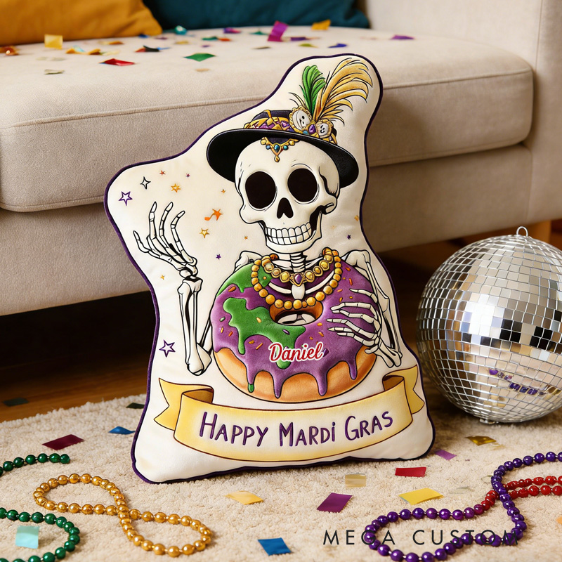 Personalized Mardi Gras King Cake Throw Pillow Graphic 3D Print Skeleton Cake Pillow with Name Mardi Gras Gift for Girl Boy Kids Pillow Baking Lover Gifts