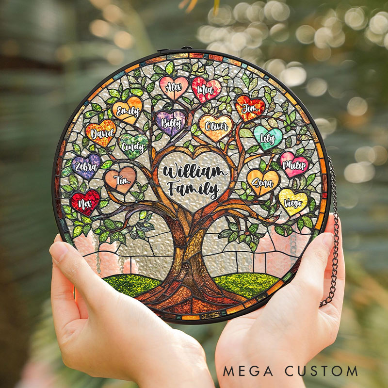 Personalized Family Tree Faux Stained Glass Suncatcher Custom Window Decor Gift for Family