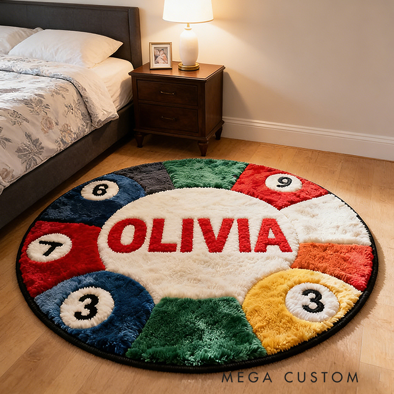 Personalized Pool Ball Rug with Custom Name and Vibrant Colors for Billiard Fans
