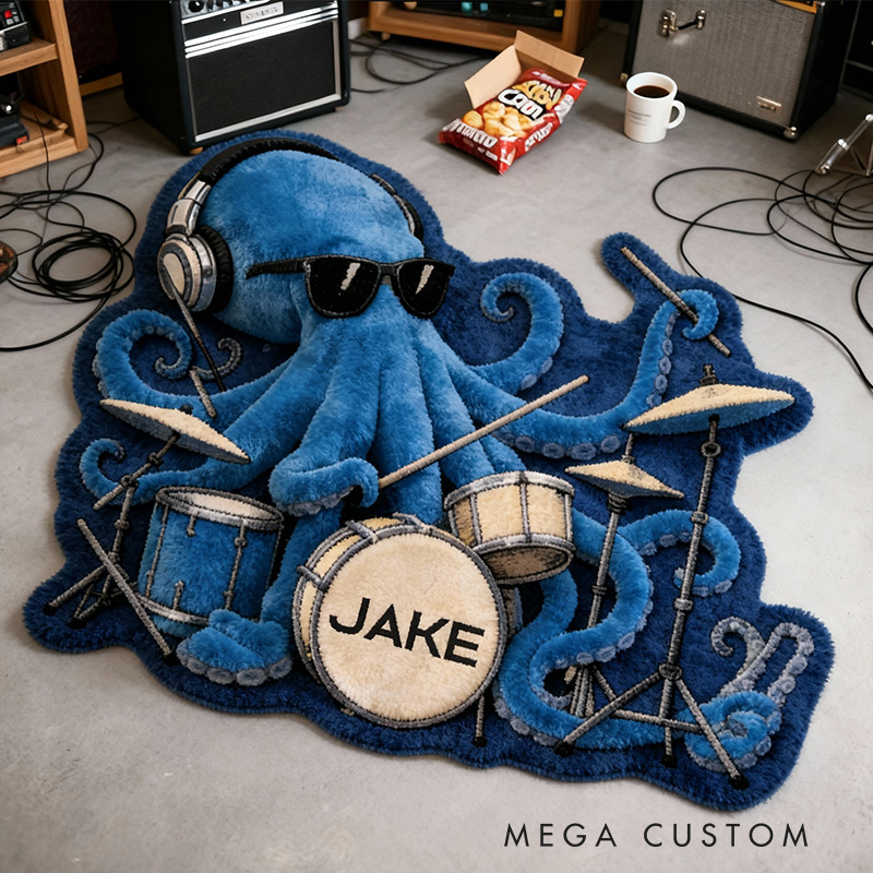 Personalized 2D Flat Octopus Drummer Rug for Music Lovers Gift for Kids Music Studio