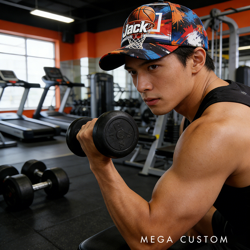 Personalized Basketball Hat with Custom Name and Dynamic Hoop Design for Basketball Enthusiasts