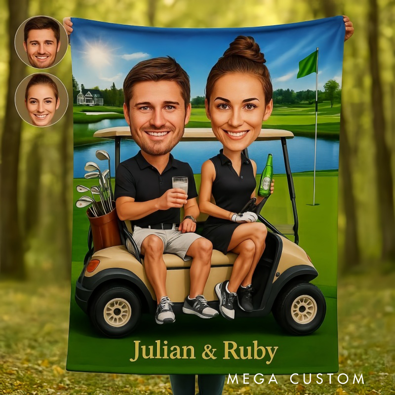 Personalized Golf Cart Blanket with Custom Couple Caricature and Names