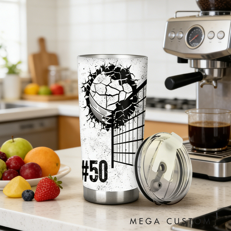 Personalized Volleyball Tumbler Featuring Cracked Volleyball Artwork with Custom Name and Number for Volleyball Fans