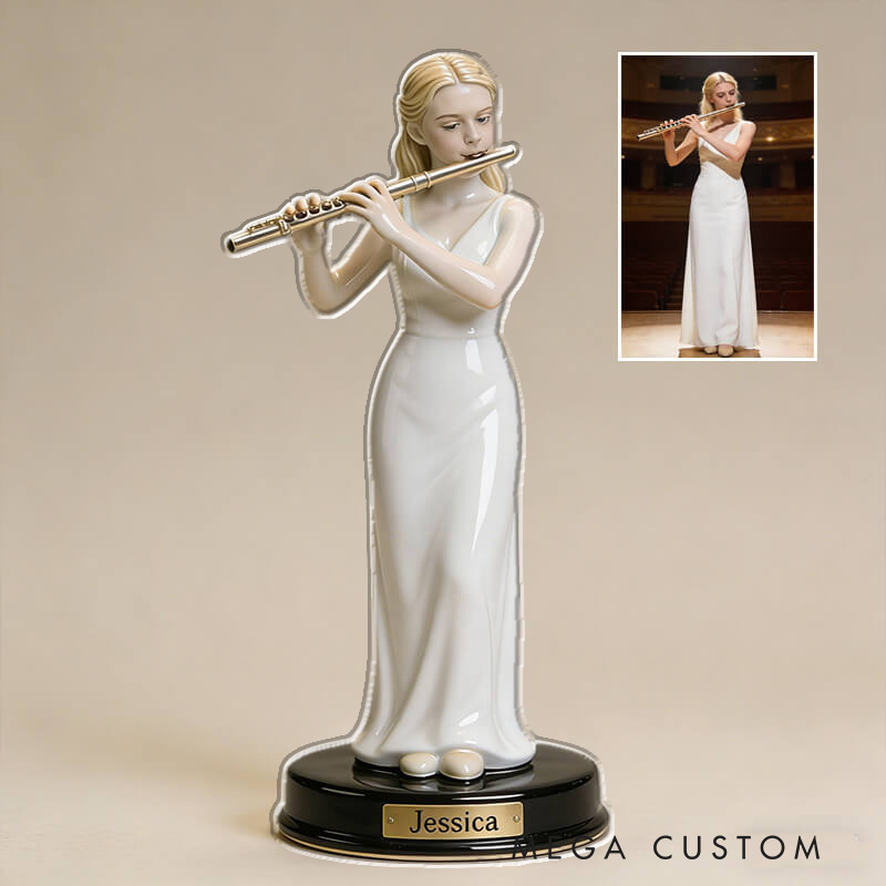 Personalized 2D Flat Ceramic-Style Flute Player Desktop Figurine for Music Lovers Acrylic Plaque Gift for Kids Music Studio