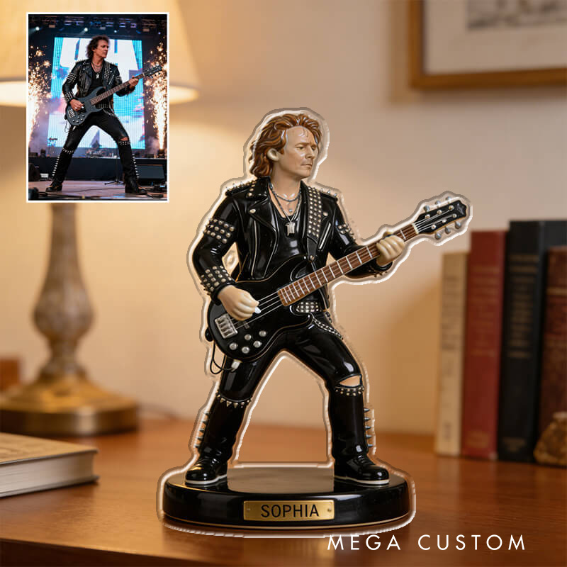 Personalized 2D Flat Ceramic-Style Bass Player Figurine for Music Lovers Acrylic Plaque Gift for Kids Music Studio