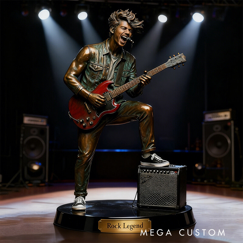 Personalized 2D Flat Guitar-Themed Photo Metal Bronze Style Desktop Figurine for Music Lovers Acrylic Plaque Gift for Kids Music Studio