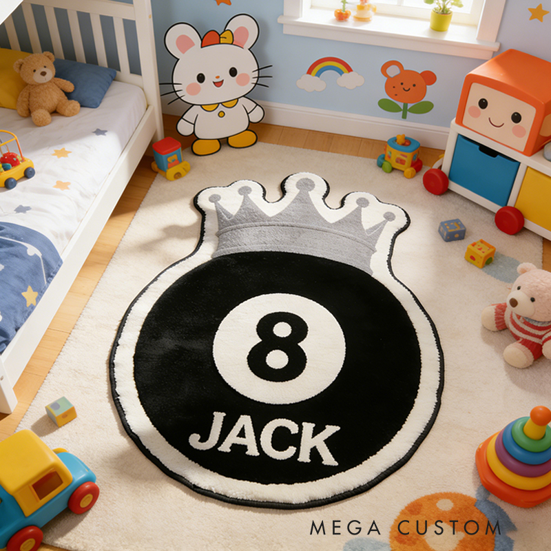Personalized Billiards Rug with 8-Ball and Regal Crown Design and Custom Name for Pool Enthusiasts