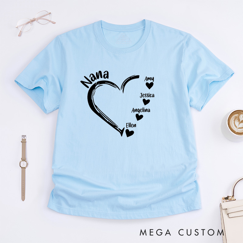 Personalized Nana T-Shirt Custom Heart Design Gift for Grandmother Mother's Day Birthday Comfortable Cotton Shirt for Women Unique Grandma